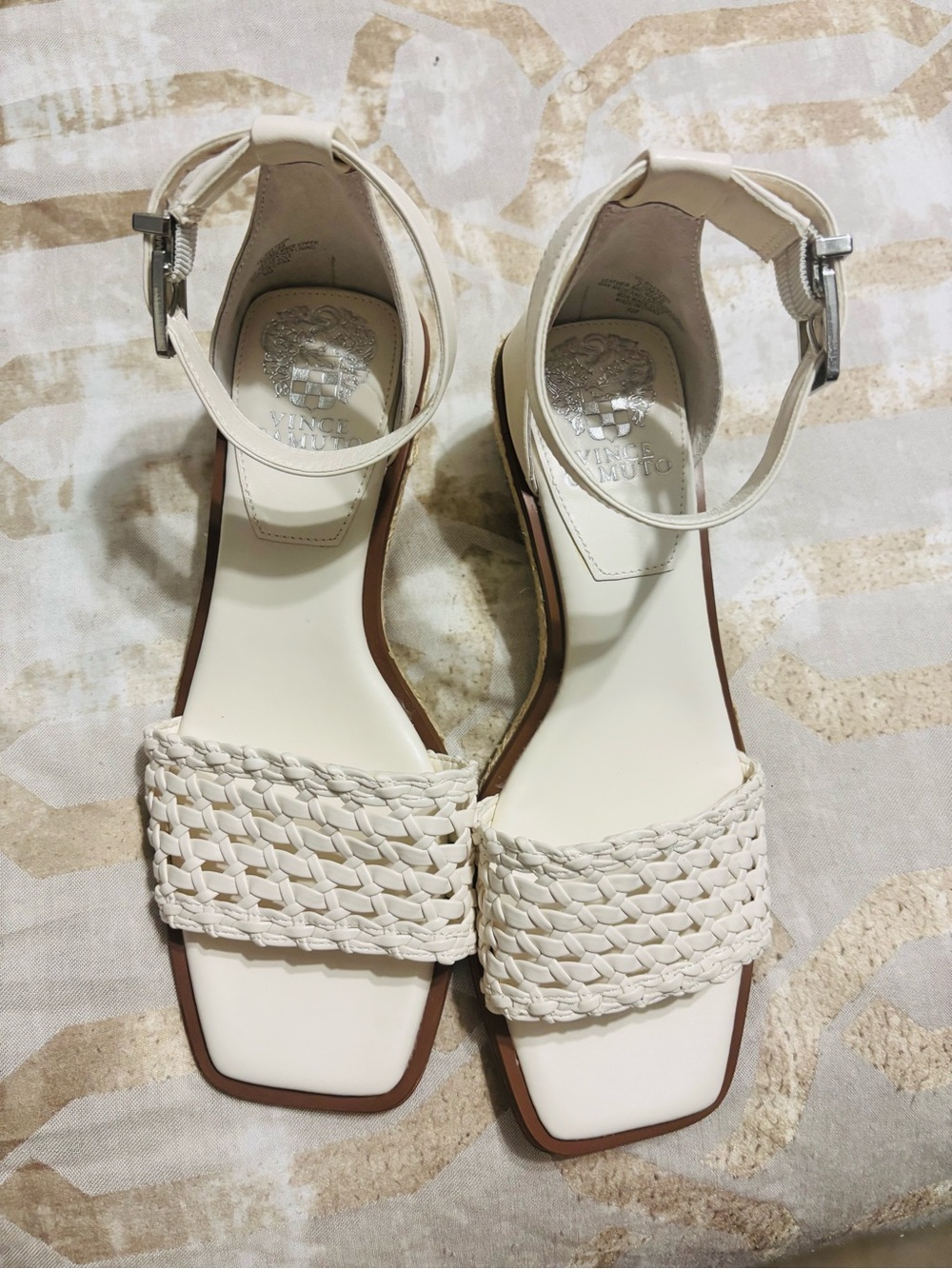 Vince Camuto Cream Braided Square-Toe Ankle-Strap Heels